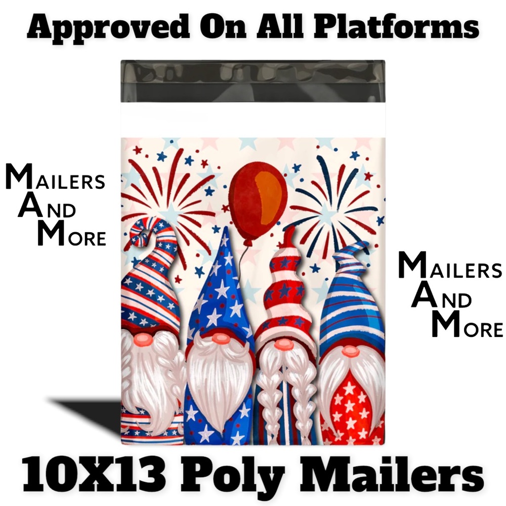 25 10X13 Poly Mailers Patriotic Gnomes USA American Flag - Picture 7 of 7